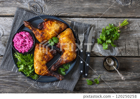 roast chicken leg quarters with a beetroot salad 120250258