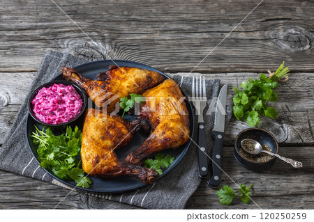 roast chicken leg quarters with a beetroot salad roast chicken leg quarters with a beetroot salad 120250259