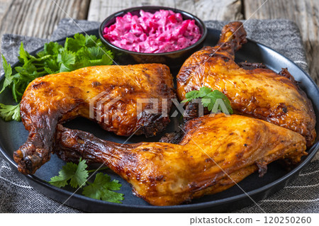 roast chicken leg quarters with a beetroot salad 120250260