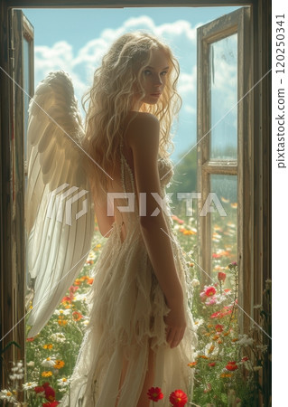 A Stunning and Enchanting Angelic Figure Standing Gracefully in a Beautiful Flower Field A Stunning and Enchanting Angelic Figure Standing Gracefully in a Beautiful Flower Field 120250341