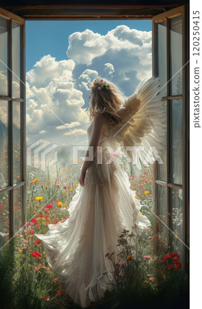 An Enchanting and Graceful Angelic Figure Standing in a Beautiful FlowerFilled Meadow An Enchanting and Graceful Angelic Figure Standing in a Beautiful FlowerFilled Meadow 120250415