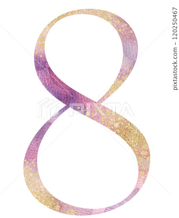 Light pink watercolor number 8 with golden splashes, romantic pastel wedding isolated illustration 120250467