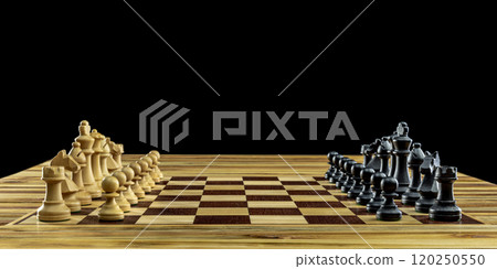 Wooden chess pieces standing on chessboard Wooden chess pieces standing on chessboard 120250550