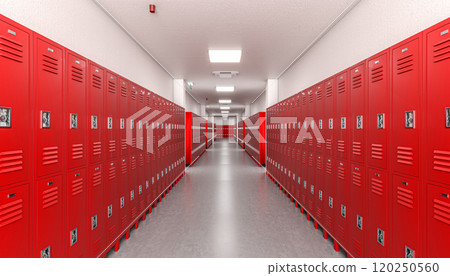hallway with red lockers 120250560