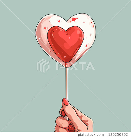 Vector illustration of close-up of sweet heart-shaped lollipop on a stick in a female hand. Gift card, banner, postcard for Valentine's Day Vector illustration of close-up of sweet heart-shaped lollipop on a stick in a female hand. Gift card, banner, postcard for Valentine's Day 120250892