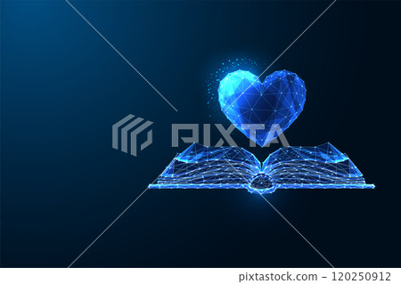 Glowing AI heart floats above open book on dark blue background.Creativity, and futuristic learning Glowing AI heart floats above open book on dark blue background.Creativity, and futuristic learning 120250912