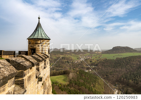Konigstein Fortress towers majestically over the lush Saxony landscape, offering breathtaking views of rolling hills and verdant valleys under a clear blue sky. Konigstein Fortress towers majestically over the lush Saxony landscape, offering breathtaking views of rolling hills and verdant valleys under a clear blue sky. 120250983