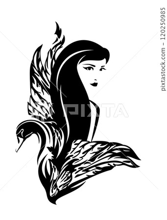 black vector head portrait of fairy tale nymph woman with her magic swan bird 120250985
