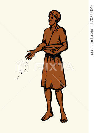 Vector drawing. A man sowing wheat 120251045