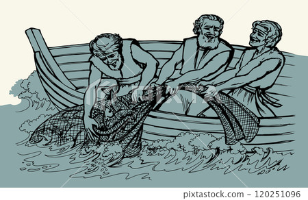 Vector drawing. Three men in the boat 120251096