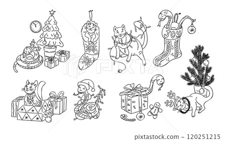 Funny contour doodle Christmas cats and snakes Funny contour doodle Christmas cats and snakes 120251215