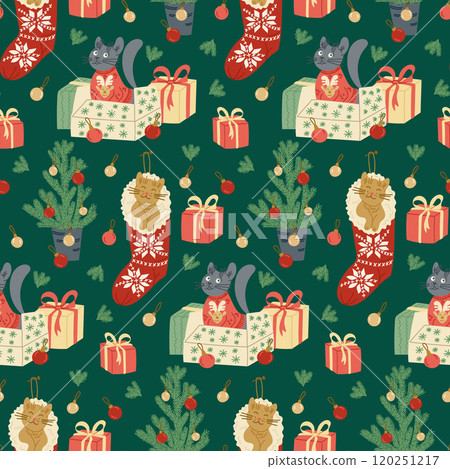Seamless Christmas pattern with cute cats 120251217