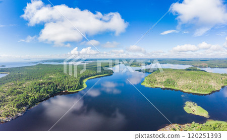 Aerial top view to island Kilpola overgrown with sparse trees in summer sunny day. Skerries Ladoga lake consisting of 650 rocky islands and steep cliffs. National park, Karelia, Russian nature. Aerial top view to island Kilpola overgrown with sparse trees in summer sunny day. Skerries Ladoga lake consisting of 650 rocky islands and steep cliffs. National park, Karelia, Russian nature. 120251393