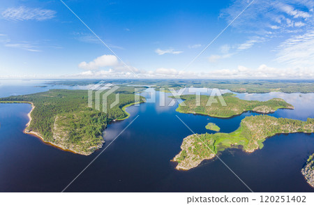 Aerial top view to island Kilpola overgrown with sparse trees in summer sunny day. Skerries Ladoga lake consisting of 650 rocky islands and steep cliffs. National park, Karelia, Russian nature. 120251402