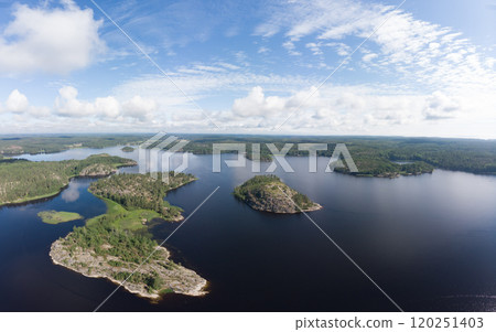 Aerial top view to island Kilpola overgrown with sparse trees in summer sunny day. Skerries Ladoga lake consisting of 650 rocky islands and steep cliffs. National park, Karelia, Russian nature. 120251403