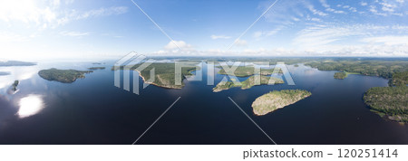 Aerial top view to island Kilpola overgrown with sparse trees in summer sunny day. Skerries Ladoga lake consisting of 650 rocky islands and steep cliffs. National park, Karelia, Russian nature. 120251414