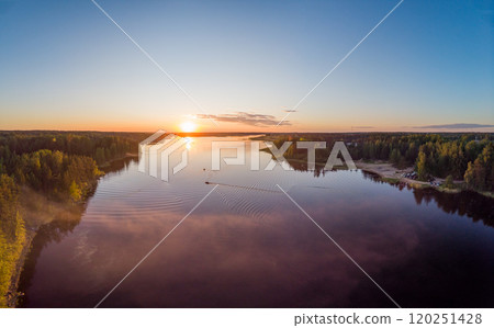 Aerial top view to island in summer evening during white nights. Vuoksa lake river and channels system leaking in Finland and Russia flowing into Ladoga. Romashki village, Leningrad region, karelia. Aerial top view to island in summer evening during white nights. Vuoksa lake river and channels system leaking in Finland and Russia flowing into Ladoga. Romashki village, Leningrad region, karelia. 120251428