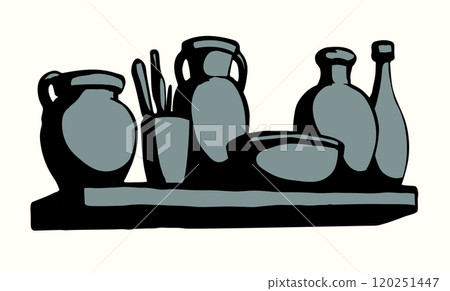 Vector drawing. Potters on the shelf Vector drawing. Potters on the shelf 120251447
