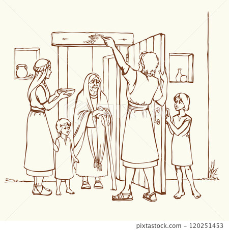 Vector drawing. The family fulfills God's command. Anoints the doorposts with the blood of the lamb Vector drawing. The family fulfills God's command. Anoints the doorposts with the blood of the lamb 120251453