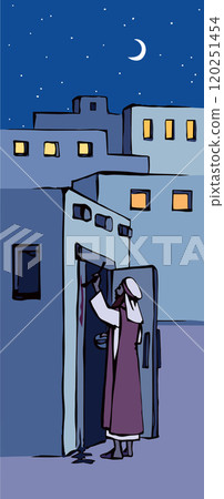 Vector drawing. The family fulfills God's command. Anoints the doorposts with the blood of the lamb Vector drawing. The family fulfills God's command. Anoints the doorposts with the blood of the lamb 120251454