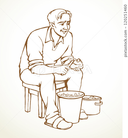 Vector drawing. A man peels potatoes 120251460