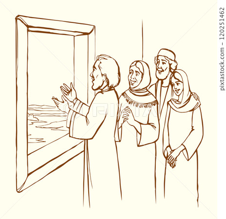 Vector drawing. Ancient family at the window 120251462