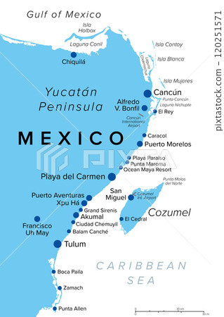 Riviera Maya in Mexico, political map, with Cancun, a city on the Yucatan Peninsula coast, north of the Mayan Riviera. Caribbean coast resort with the island Cozumel in the east of Playa del Carmen. 120251571