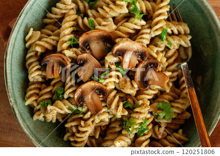 fusilli pasta, in creamy mushroom sauce, pasta with mushrooms, homemade, no people, fusilli pasta, in creamy mushroom sauce, pasta with mushrooms, homemade, no people, 120251806