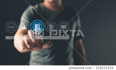 artificial intelligence generates technology concept. a person touch AI tech big data business process strategy, and smart customer service management. Digital transformation change management. 120251818