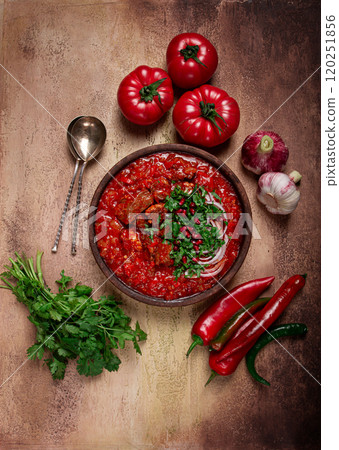 Chashushuli, a traditional Georgian dish, spicy, stewed meat with tomatoes and spices, homemade, no people, Chashushuli, a traditional Georgian dish, spicy, stewed meat with tomatoes and spices, homemade, no people, 120251856