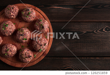 Raw meatballs, with micro greenery, on a cutting board, homemade, rustic, no people, Raw meatballs, with micro greenery, on a cutting board, homemade, rustic, no people, 120251859
