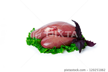 raw pork kidneys, close-up, on a white background, isolate, 120251862