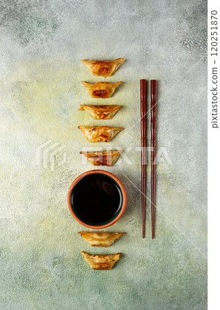 japanese fried dumplings, gyoza, sesame seeds, top view, no people, japanese fried dumplings, gyoza, sesame seeds, top view, no people, 120251870