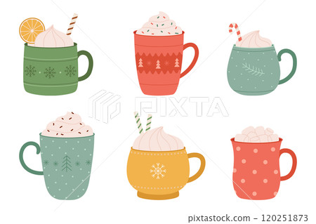 Vector set of colorful Christmas cups with winter drinks in simple cartoon style 120251873