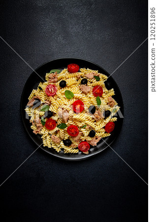 Tuna salad, fusilli pasta, olives and cherry, olive oil, homemade, Tuna salad, fusilli pasta, olives and cherry, olive oil, homemade, 120251896