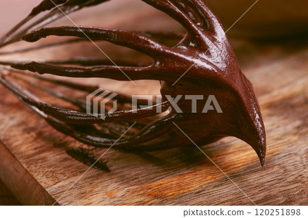 metal whisk, close-up with chocolate dough , baking, structure and consistency, homemade, top view, no people, metal whisk, close-up with chocolate dough , baking, structure and consistency, homemade, top view, no people, 120251898