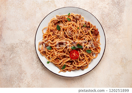 Spaghetti Bolognese, top view, close-up, no people, homemade, 120251899