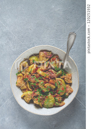 fried green tomatoes, with onions and spices, green tomato appetizer, Georgian cuisine, homemade, no people, 120251932