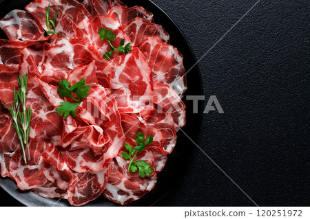 sliced cured ham, prosciutto, italian dish, delicacy, parma ham, top view, no people, sliced cured ham, prosciutto, italian dish, delicacy, parma ham, top view, no people, 120251972