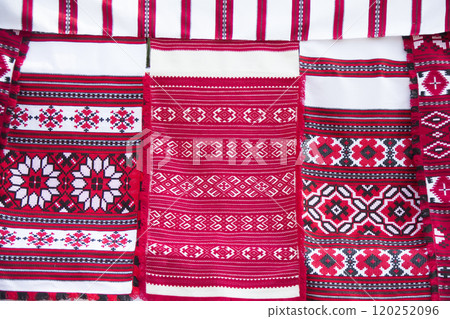 Embroidered Belorussian towels. Embroidery. National pattern.Slavic ornament on fabrics and towels Embroidered Belorussian towels. Embroidery. National pattern.Slavic ornament on fabrics and towels 120252096