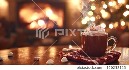A warm mug of hot chocolate rests on a cozy table. The inviting glow of a fireplace sets a festive mood. Perfect for winter gatherings and holiday celebrations. AI A warm mug of hot chocolate rests on a cozy table. The inviting glow of a fireplace sets a festive mood. Perfect for winter gatherings and holiday celebrations. AI 120252113