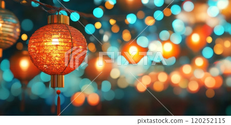 Colorful lanterns glow warmly in a festive setting. The soft bokeh creates a magical atmosphere full of joy and light. Perfect for celebrations and cultural events. AI 120252115