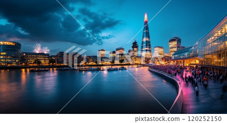 A stunning evening view of London with vibrant city lights and reflections on the water. The Shard stands tall among modern buildings. This image captures urban beauty and nightlife. AI 120252150