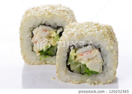 Sushi rolls japanese food isolated on white background.Menu of the Japanese restaurant. Two traditional sushi rolls with a variety of filling sprinkled with sesame close-ups Sushi rolls japanese food isolated on white background.Menu of the Japanese restaurant. Two traditional sushi rolls with a variety of filling sprinkled with sesame close-ups 120252365