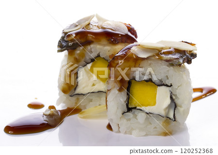 Sushi rolls japanese food isolated on white background.California Sushi roll with tuna, vegetables and unagi sauce closeup.Japanese Restaurant Menu. 120252368