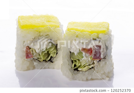 Sushi rolls japanese food isolated on white background.Menu of the Japanese restaurant. Two sushi with vegetables with fish and pineapple close-up 120252370