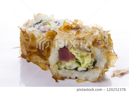 Sushi rolls japanese food isolated on white background.Menu of the Japanese restaurant. Two sushi with tuna vegetables with Philadelphia cheese covered with fish crumbs 120252376