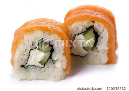 Sushi rolls japanese food isolated on white background.Menu of the Japanese restaurant. Two sushi with red salmon fish and salmon close-up Sushi rolls japanese food isolated on white background.Menu of the Japanese restaurant. Two sushi with red salmon fish and salmon close-up 120252382