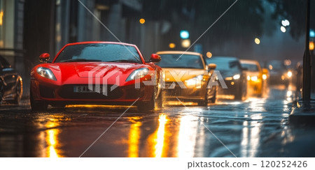 A striking red sports car glistens in the rain. City streets reflect vibrant lights. This urban scene captures motion and mood. Perfect for automotive and lifestyle themes. AI 120252426