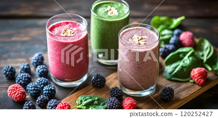 Three colorful smoothie glasses showing vibrant flavors and healthy ingredients. Each smoothie is made with fresh fruits and greens. Perfect for health-conscious individuals. AI 120252427